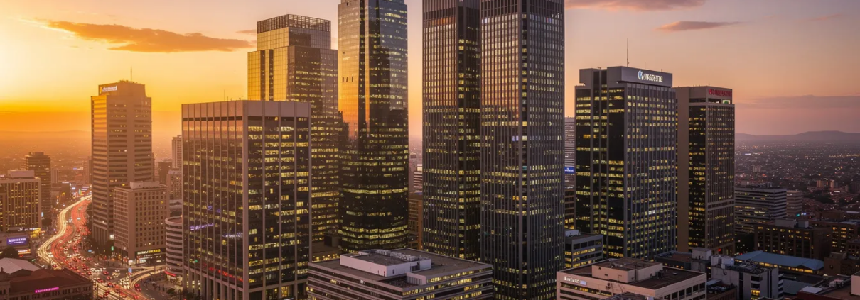 Aerial view of the Johannesburg CBD skyline at sunset with illuminated office buildings