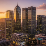 Aerial view of the Johannesburg CBD skyline at sunset with illuminated office buildings
