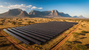 Aerial view of a large solar panel farm in a South African savanna landscape with flat-topped mountains in the background