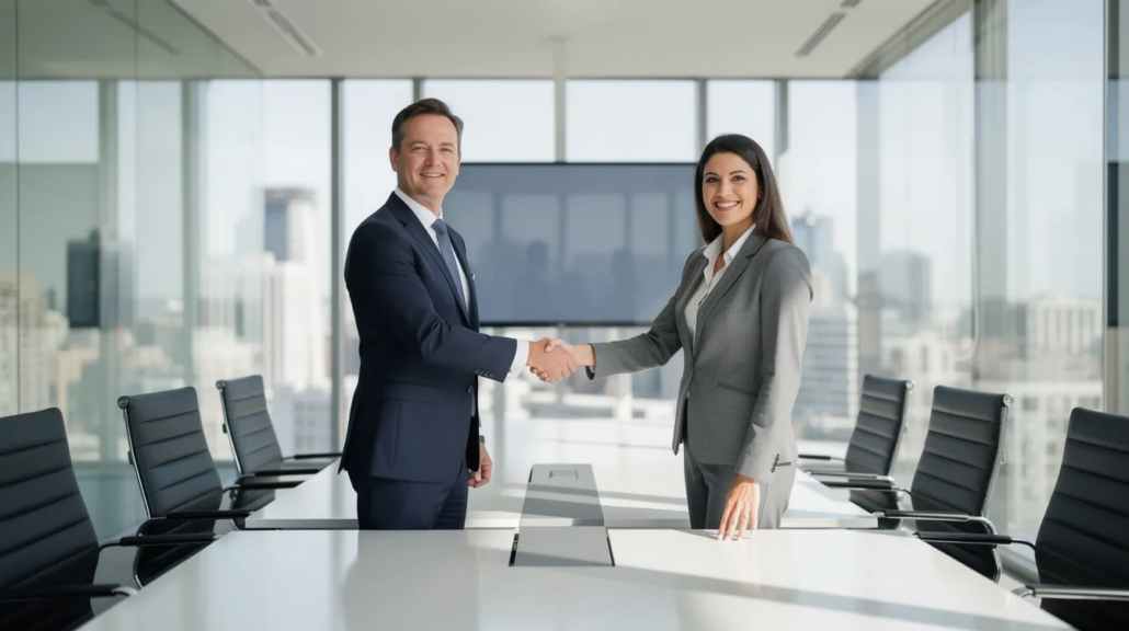 Two business professionals shaking hands across a boardroom table